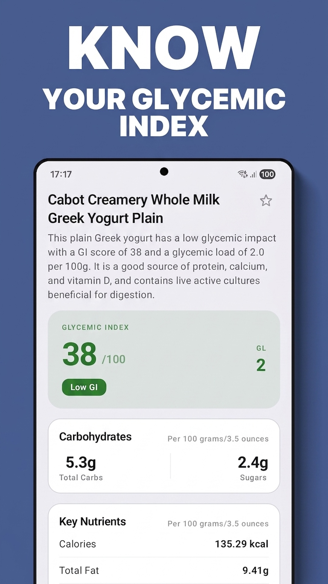 FoodCheck GI showing a glycemic index result