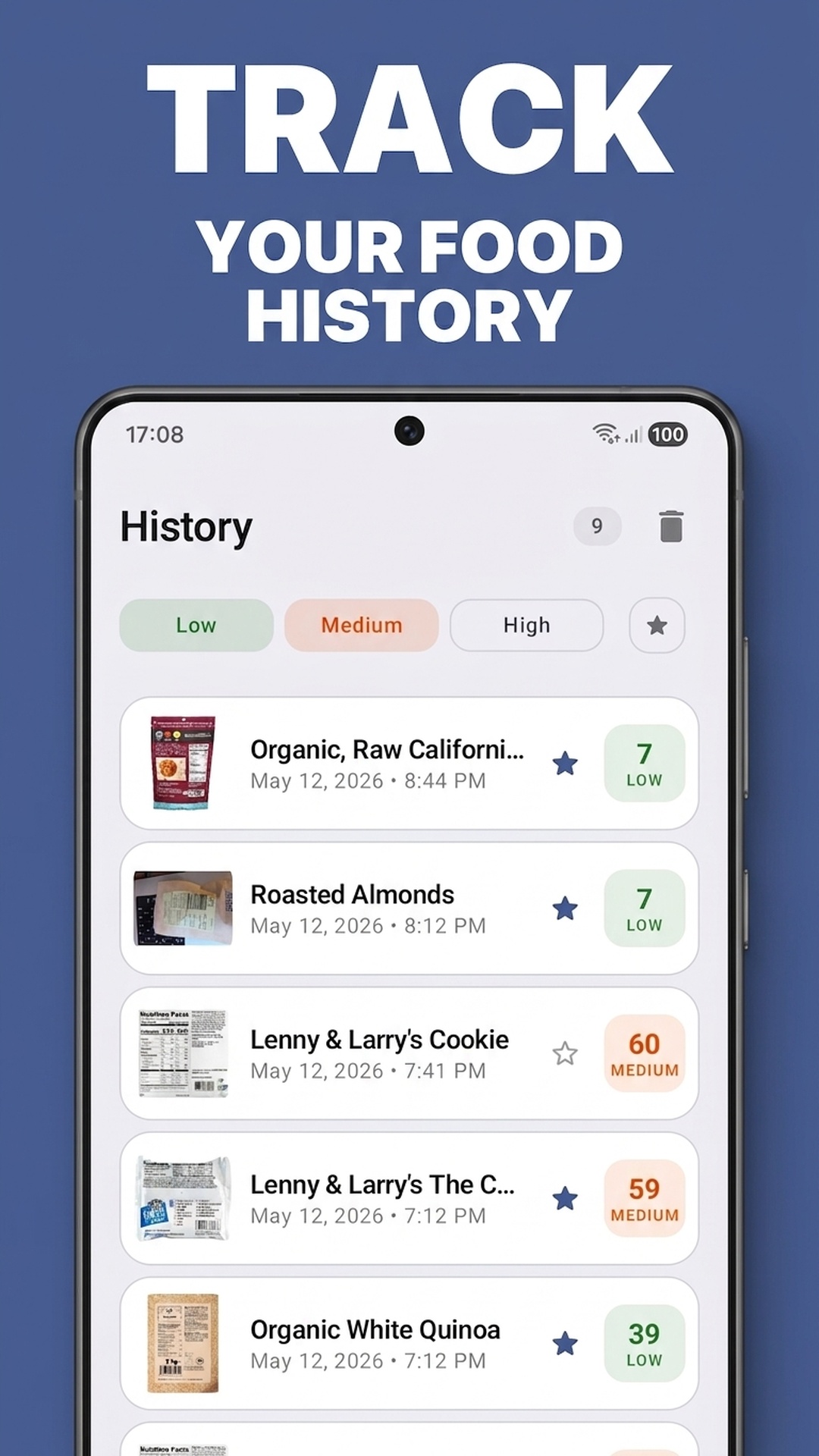 FoodCheck GI food history and favorites